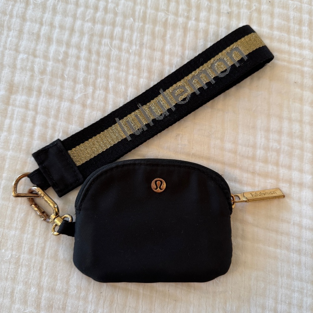 Lululemon Black Mini Pouch with Black & Gold Logo Wrist Strap